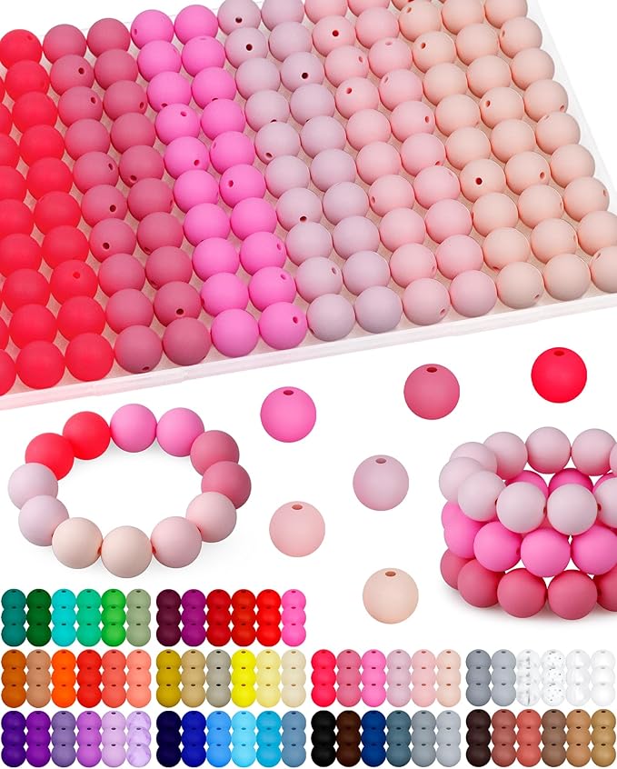 160pcs fiveizero 15mm silicone beads for keychain making valentine's day mixed color round rubber beads bulk, diy craft supplies for bracelets necklaces pens(pink)