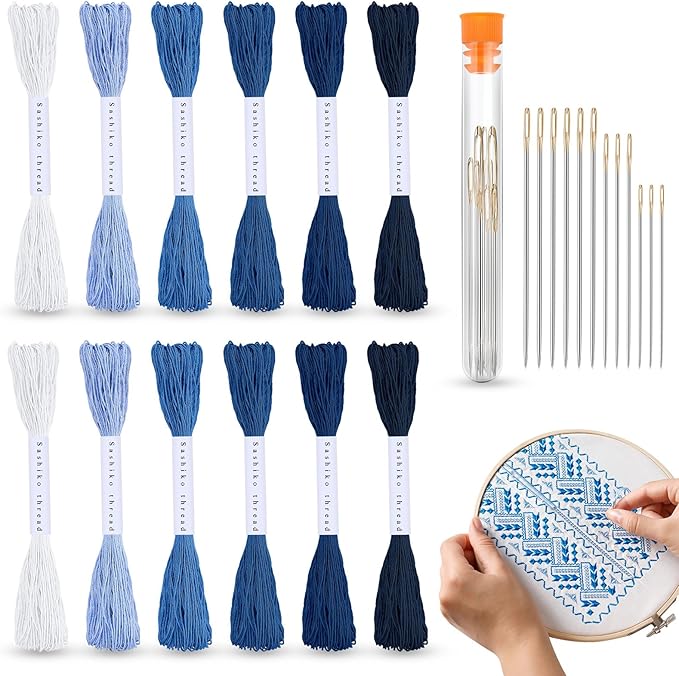 Zeyune 12 Skeins Blue Sashiko Thread Kit 100% Cotton with Sashiko Needles 20m(21.8yds) Thread for Hand Quilting and Embroidery Projects Pick Stitching Denim