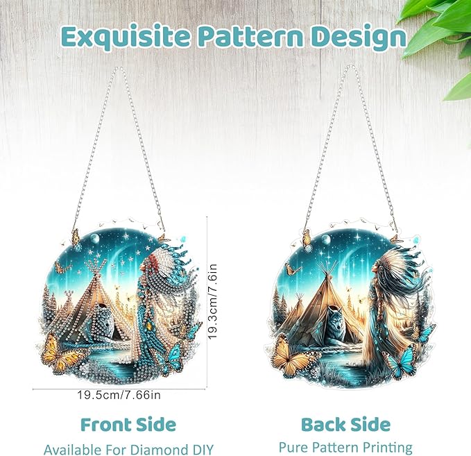 MEIYUDA Native American Diamond Art Hanging Kits for Adult, Landscape Wolf Diamond Painting Hanging Kits Ornaments, DIY Special Shaped Rhinestone Window Pendants Kit for Home Garden Wall Decor Gift