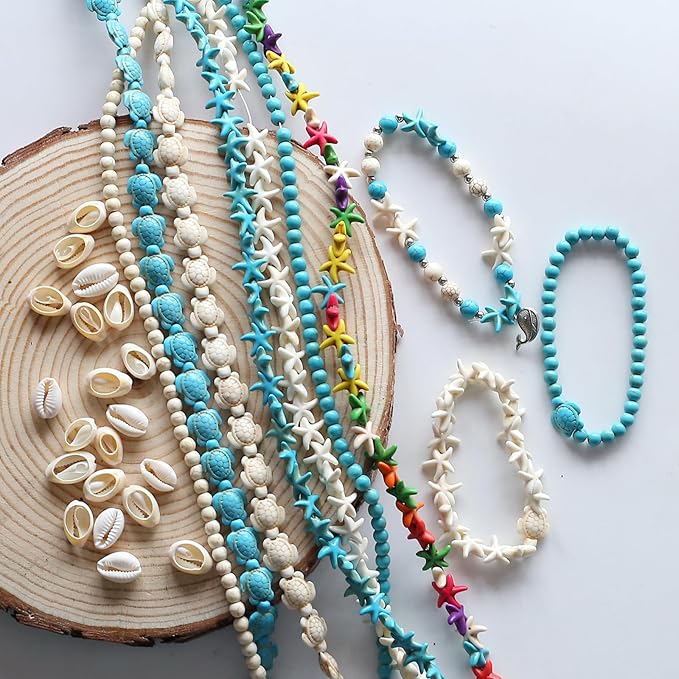307Pcs Turquoise Sea Turtle Beads Blue and White Starfish Beads Tortoise Turtle Charms Summer Ocean Animal Spacer Bead for Jewelry Making DIY Bracelet Necklace(7 Strings)