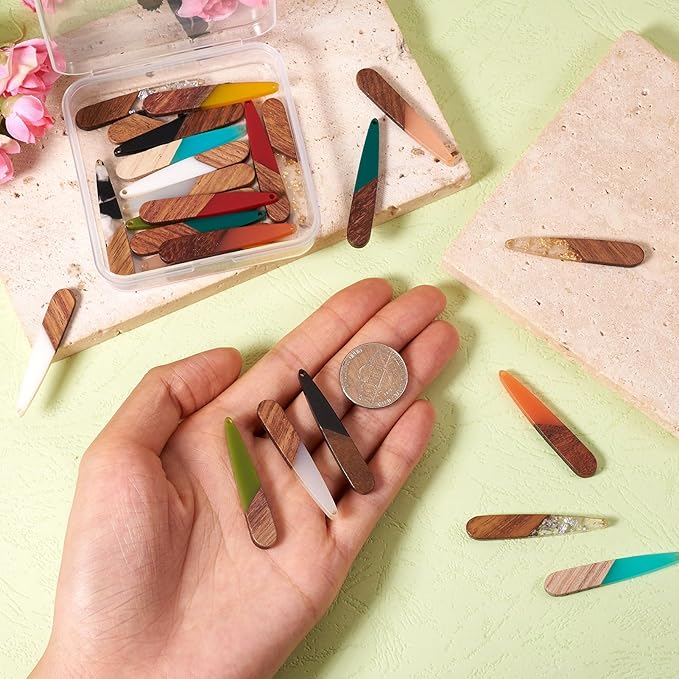Beadthoven 26pcs/13 Pairs Natural Wood Resin Teardrop Charms DIY Earrings Pendants Mixed Colors Long Water Drop Shape Wooden Pendants for Statement Jewelry Making Findings