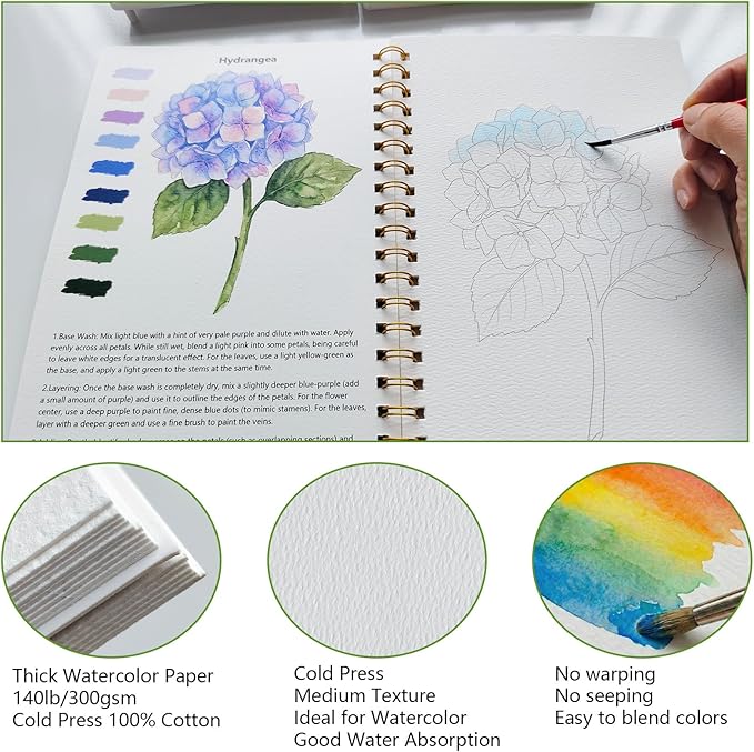 Watercolor Workbook15 Beautiful Flowers Paintings for Adults &Teens Beginners,Water Coloring Book 140lb Cold Press Cotton Watercolor Paper-Ideal Gifts to Spark Creativity Stress Relief(10.2" x 6.9")