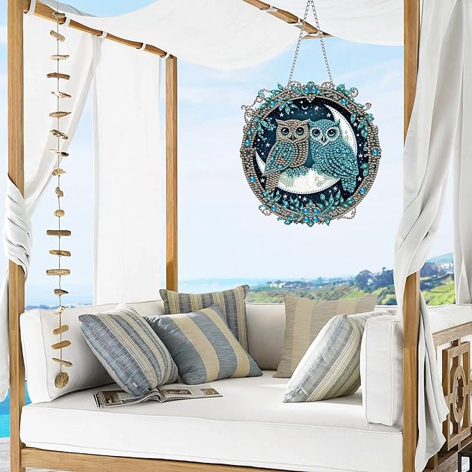 VAIIEYO Owl Diamond Art Hanging Ornament, Animal Bird Diamond Painting Suncatchers Window Hanging Kit with Chain, 7.5x7.5 inch Crystal Pendant Art Craft for Gift Home Wall Front Door Decoration