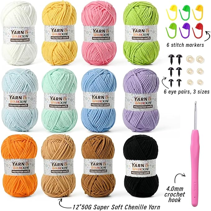 12 Pack Fluffy Chunky Chenille Yarn for Crocheting, Baby Yarn for Crocheting Soft Blanket, 600g (787yds) Bulky Yarn Set for Crochet Amigurumi & DIY Crafts A