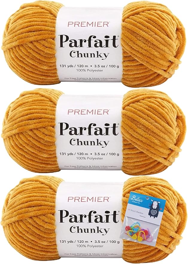 Premier Yarns Parfait Chunky Chenille Yarn 3.5 Oz 6 Super Bulky Weight 3 Pack Bundle with Bella's Stitch Place Holders (Mustard)