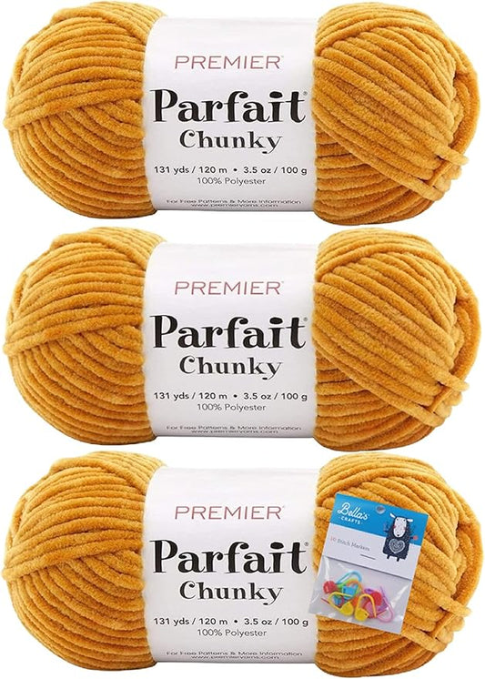 Premier Yarns Parfait Chunky Chenille Yarn 3.5 Oz 6 Super Bulky Weight 3 Pack Bundle with Bella's Stitch Place Holders (Mustard)