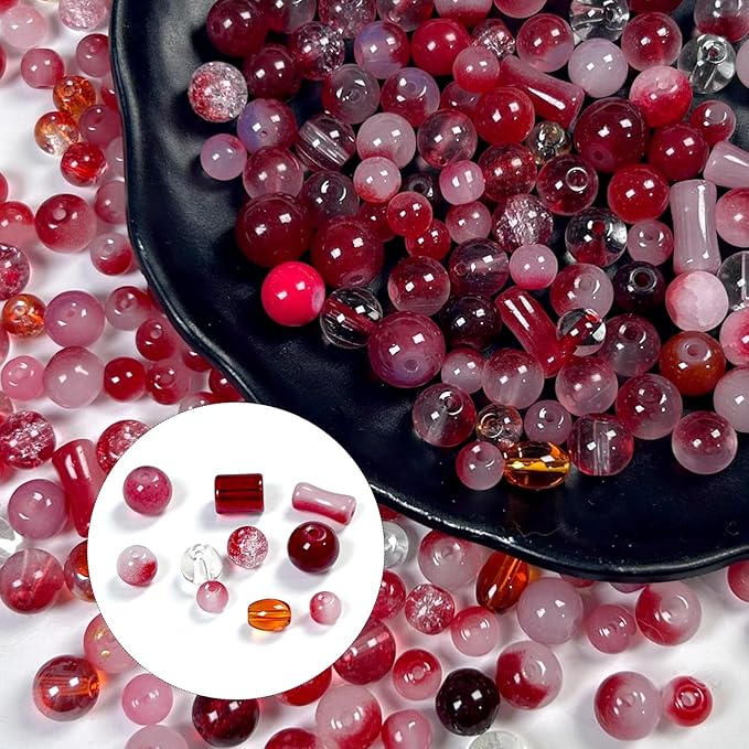 500pcs Glass Beads Red, 6mm and 8mm Assorted Crystal Bead for Jewelry Making, Round Spacer Loose Beads Kit for DIY Charms Bracelets Necklaces Earrings