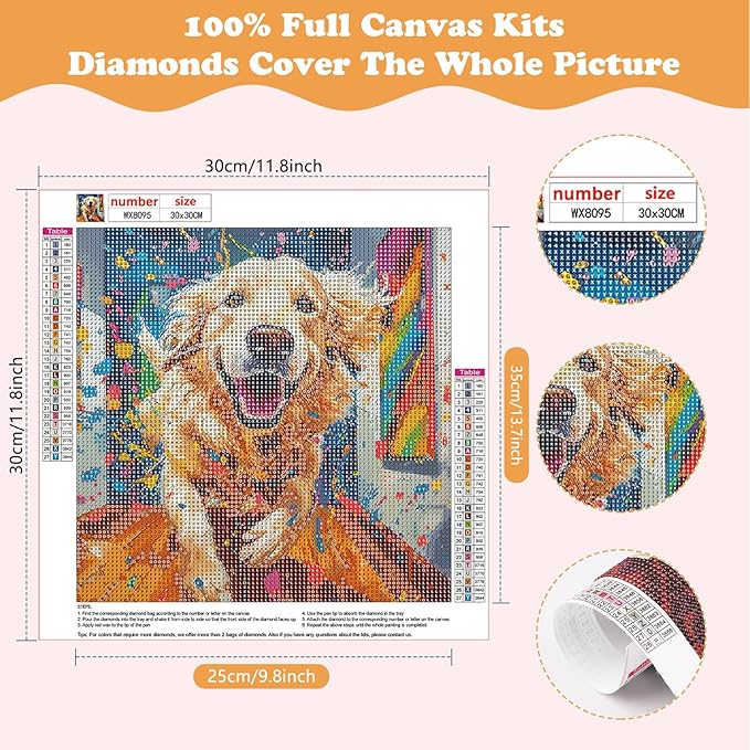 SENQAO Diamond Painting Kits for Adults Dog, 5D DIY Diamond Art Kits for Beginners Round Full Drill Diamond Painting for Home Wall Decoration 12×12inch, Golden Retriever