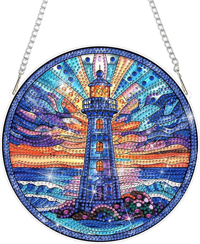 DOMROM Lighthouse Diamond Art Hanging Kits for Adults Beginners, Special Shaped Crystal Diamond Painting Lighthouse Pendant, DIY Diamond Art Suncatchers Landscape for Home Garden Wall Decor Gift