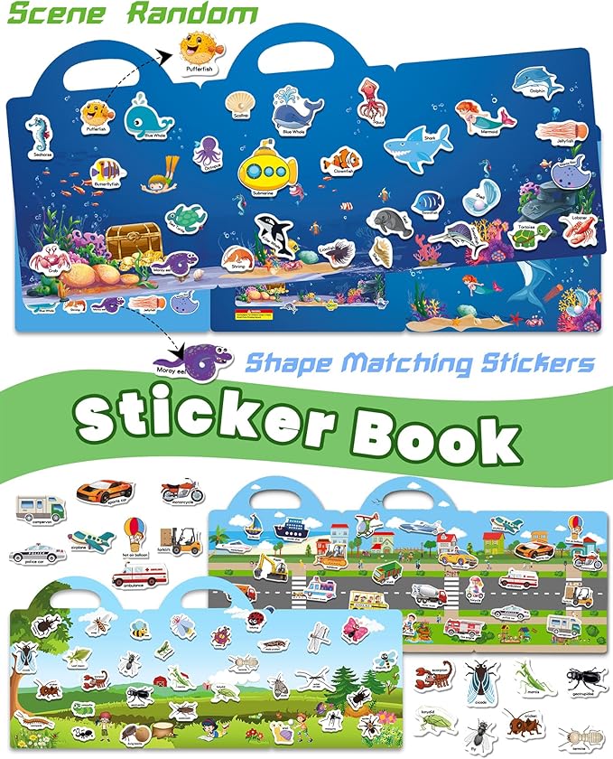walenced reusable sticker book for toddlers, stickers for kids, toddler sticker book, toddler craft activities, toddler travel toys ages 3 and up boy girl birthday gifts