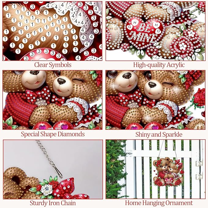 CEOVR Valentine's Day Diamond Painting Pendant, Loving Bears Hanging Diamond Art for Adults DIY Gem Art Wall Ornament, Acrylic Home Garden Decor with Chain, Box Kit 7.87×7.48inch