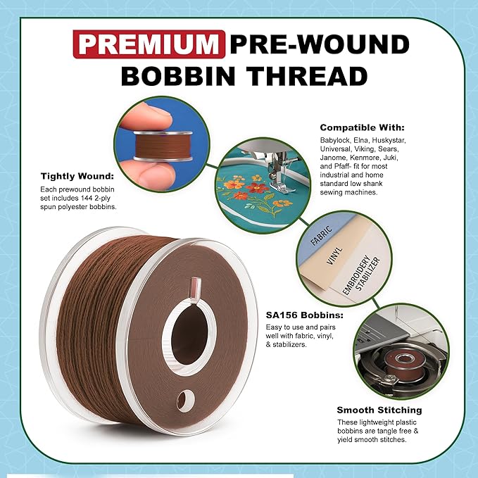 Mandala Crafts 144 Brown SA156 Prewound Bobbins for Singer Sewing Machine -15J SA156 Prefilled Bobbin Thread for Brother Sewing Machine and Embroidery
