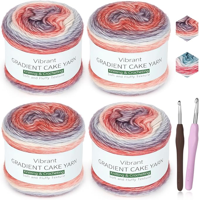 Katech Ombré Yarn for Crocheting-Gradient Cake Yarn-4x100g 60% Cotton 30% Acrylic 11% Wool-Multicolor Soft Rainbow Cotton Crochet Yarn for Scarves, Shawls, Blankets and Garments(L)