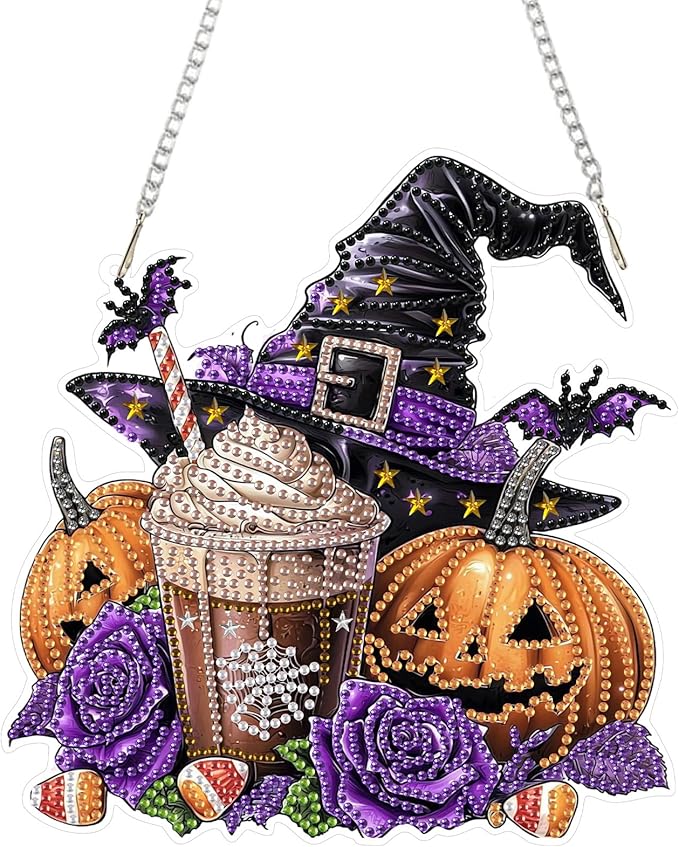 RICUVED Diamond Art Hanging Kit for Adult, Halloween Special Shaped Crystal Gem Craft Diamond Painting Pendant Kits for Adults Beginners, Pumpkin DIY Hanging Art Ornament Kit for Home Garden