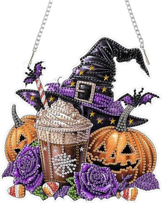 RICUVED Diamond Art Hanging Kit for Adult, Halloween Special Shaped Crystal Gem Craft Diamond Painting Pendant Kits for Adults Beginners, Pumpkin DIY Hanging Art Ornament Kit for Home Garden