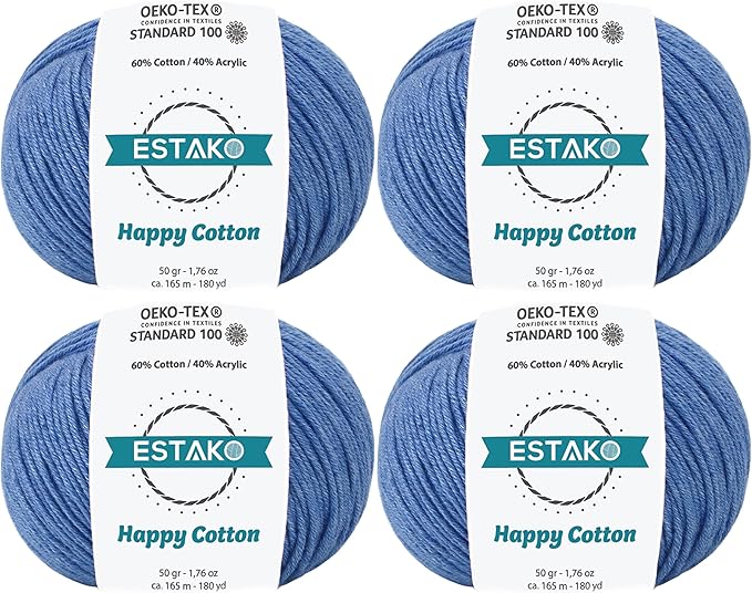 Estako Happy Cotton, (4 Skeins Pack) 60% Cotton 40% Acrylic Yarn, Soft, Fine/Sport (2) for Crochet and Knitting (4 x 1.76 Oz) / (4 x 180 Yrds) (4230 - Denim Blue)