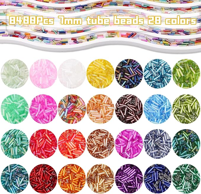 Tube Seed Beads 7mm Crafts Glass Bugle Beads with for Jewelry Making Embroidery Decoration (28 Colors, 8400pcs)