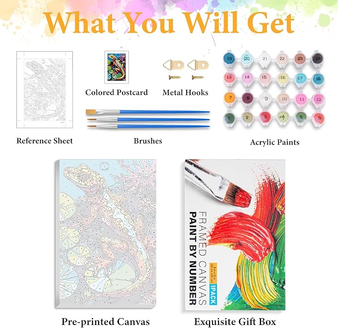 Framed Paint by Numbers Kit for Adults Beginner Animal, Adult Paint by Number Kits on Canvas Framed Chameleon, DIY Acrylic Oil Painting by Numbers with Frame, Perfect for Home Decor 8 X 12 Inch