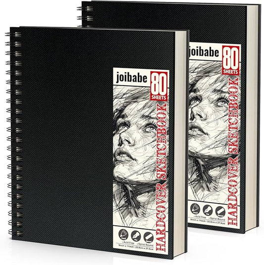 Joibabe Sketch Book 9" x 11"，2 Pack 80-Sheets (68lb/100gsm)，Double-Sided Hardbound Sketchbook, Spiral Bound,Acid Free Painting Art Paper for Kids and Adults