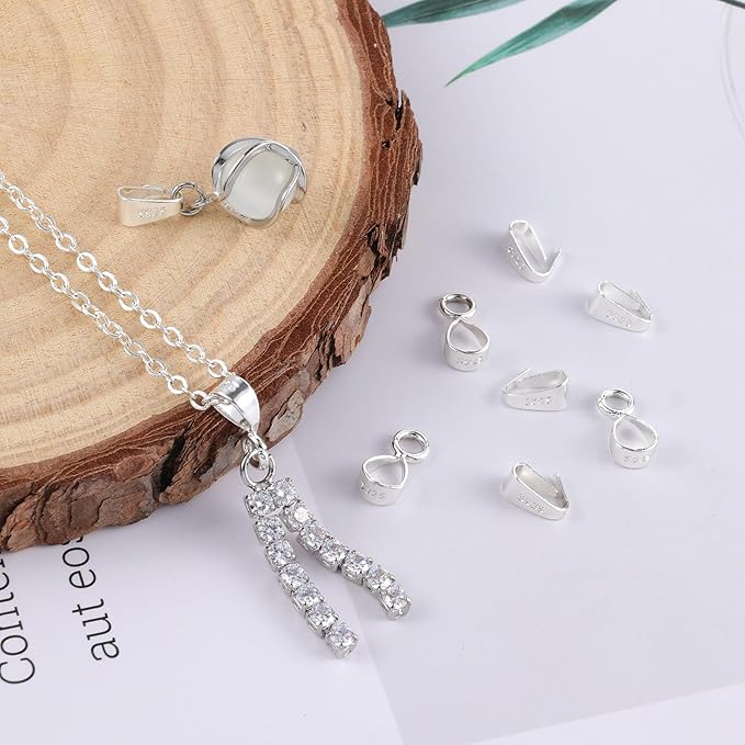 8Pcs 925 Sterling Silver Pendant Clasp Pinch Clip Bails for Jewelry Making, Slider Pendant Connectors with Open Loop, Sterling Silver Findings Jewelry Pendants Clasps for Necklace Charms