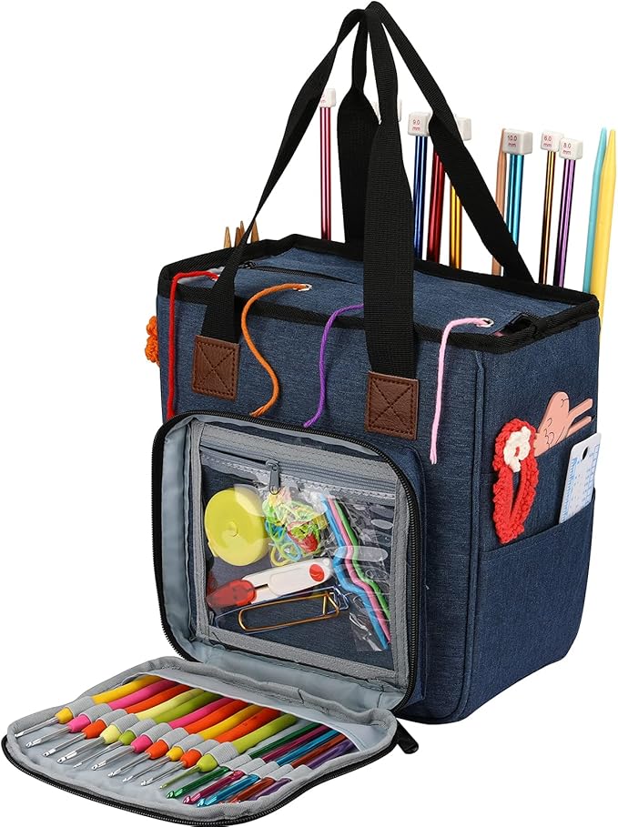 LOOEN Yarn Knitting Storage Tote-Large Capacity Crochet Organizer Portable Travel Bag With Shoulder Strap Crochet Hooks Case for Unfinished Bulk Project