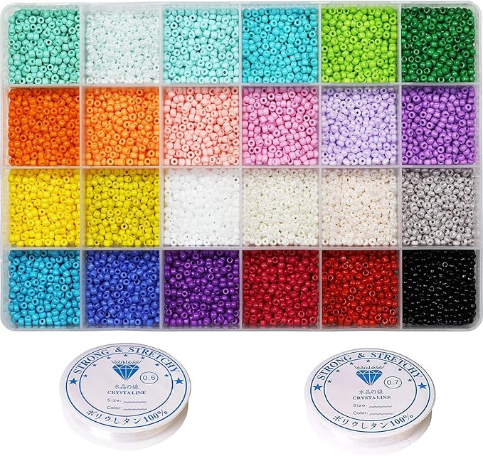 8/0 3mm Glass Seed Beads About 7200pcs 24 Colors Loose Craft Kit Earring Making Seed Beads with 24-Grid Plastic Storage Box for Jewelry Making