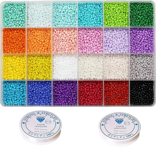 8/0 3mm Glass Seed Beads About 7200pcs 24 Colors Loose Craft Kit Earring Making Seed Beads with 24-Grid Plastic Storage Box for Jewelry Making