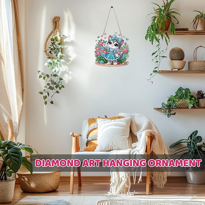 MEIYUDA Cat Diamond Art Hanging Kits for Adult, Flowers Cat Diamond Painting Hanging Kits Ornaments, DIY Special Shaped Rhinestone Window Pendants Kit for Home Garden Wall Decor Gift