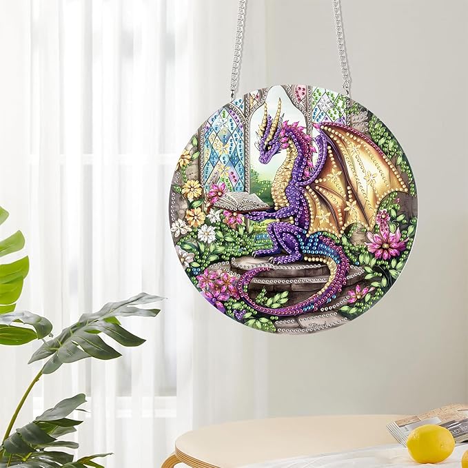 Reofrey Hanging Diamond Art Kits for Adults - 8x8 Inch Dinosaur Acrylic Board Double Sided Pattern Diamond Art Suncatcher Pendant, DIY Crystal Art for Home Wall or Window Decoration Handmade Gift