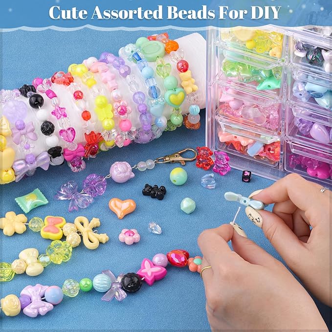 500-550pcs tinkrstuff assorted 8 mixed colors acrylic beads for bracelet making, cute beads for jewelry making flower bow butterfly gummybear aesthetic bracelet beads,diy necklace keychain phone charm
