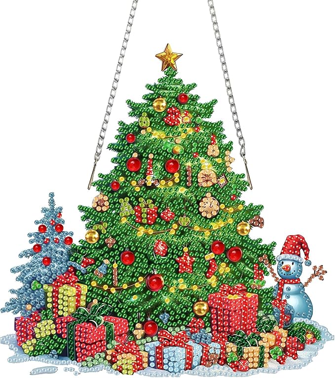 SENQAO Christmas Diamond Art Hanging Kits for Adults Kids, Christmas Tree Diamond Art Suncatchers, 5D Special Shape Diamond Painting Pendant Window Ornament Gifts for Home Door Wall Decor