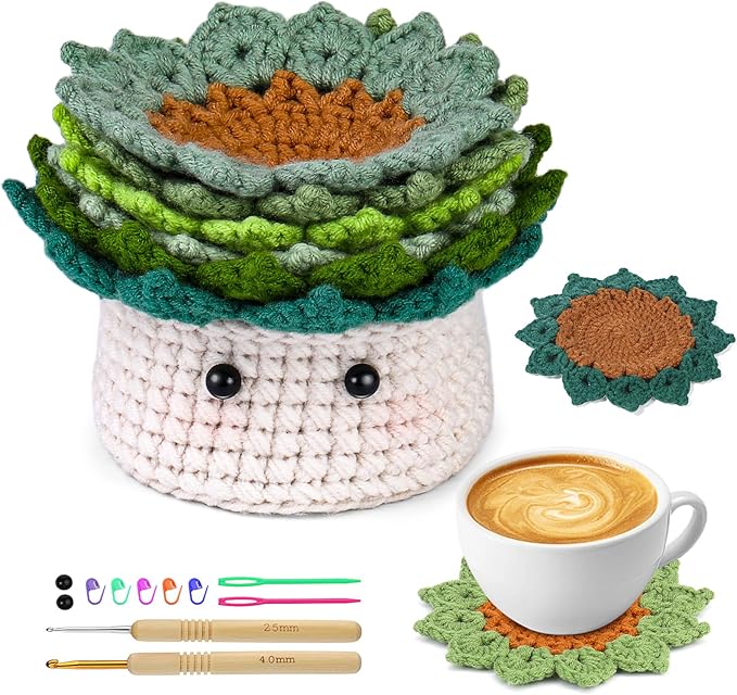 FTEVEN Crochet Kit for Beginners, 6PCS Coasters Crochet Starter Kit Plant Pot, Knitting Supplies Kit with Step-by-Step Video Tutorials, Crochet Yarn for Adults DIY Present