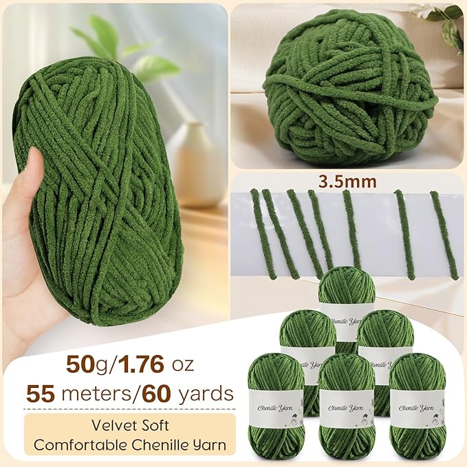 SIMEIQI 6 Pack of 1.76oz Chenille Yarn for Crocheting,60yards Soft Fluffy Velvet Yarn, Ideal Crochet for DIY Baby Blankets Toys Scarves Throw Pillows Hats Cushions(Pine Green)