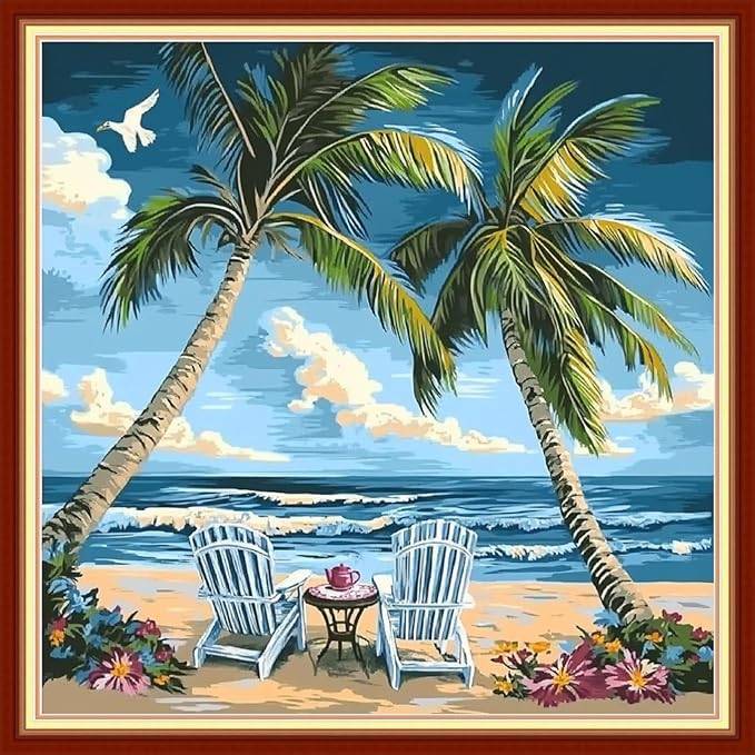 Redxing Stamped Cross Stitch Kits Embroidery kit for Beginners Adults Full Range of Embroidery Patterns Starter Kits DIY Printed Cross Stitch Kits Needlepoint Kits 11CT-Drink Tea Seaside 18x18 inchs