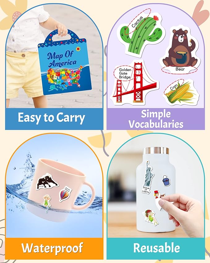 benresive reusable sticker books for kids, sticker books for toddlers, toddler travel toys activities crafts ages 3 and up birthday gifts - america map, fairy, my house