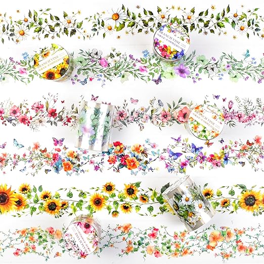 6Rolls Floral Washi Tape Set PET 50mm Wide Washi Sticker for Junk Journaling Stickers Scrapbook Stickers Vintage Washi Tapes Scrapbooking Supplies Decorative Tape for Crafts, 6.6ft Long