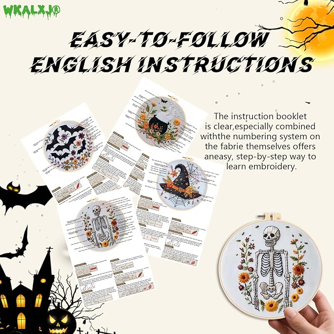 wkalxj 4 sets embroidery kits for beginners adults, cross stitch kits, needlepoint kits with instruction, video, needle point kits with bats cauldron hat skeleton patterns (4 sets c)
