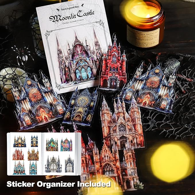 60PCS Moonlight City PET Stickers, Large Gothic Castle Stickers for Scrapbooking, DIY Crafts, Journaling, and Junk Journal Ephemera with Organizer