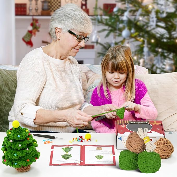 Crochet Set - Beginner Friendly Crochet Set with Step-by-Step Teaching Videos and Crochet Pattern Manuals (Ice Striped Yarn Christmas Tree)