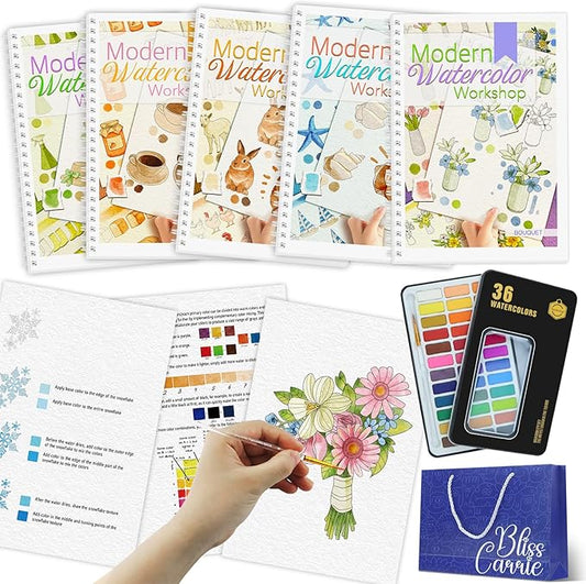 5Pcs Watercolor Workbook with 36 Paint Colors, Water Coloring Book for Adult with 60 Patterns, Beginner-Friendly Watercolor Workbooks for Beginners with 36 Paint Colors, Stress - Relieving Gift