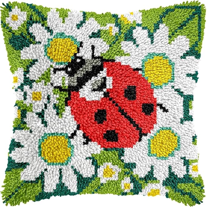 Ladybug Flowers Latch Hook Kits for Adults Kids Beginners Insects Latch Hook Pillow Kit Animals Pre-Printed Latch Hook Rug Kits Cross-stitch Cushion for Home Sofa Decoration 17x17 in. Handmade Gift