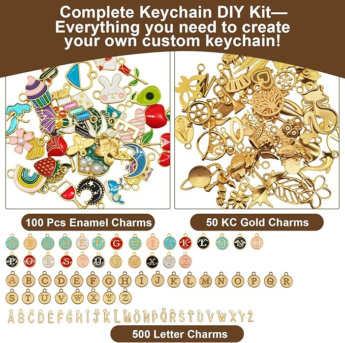 Aucscott 500Pcs Lipgloss Charms Keychain Making Kit, Lip Gloss DIY Jewelry Craft Supplies - Clip Hooks, Jump Rings, Lobster Clasps, Letter Charms & Tools for Custom Keychains Earrings Bags