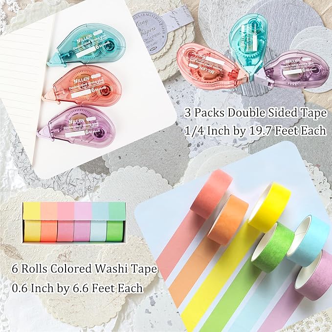 300 Sheets Scrapbook Paper Kit with 3 Double Sided Tapes & 6 Rolls Colored Washi Tape, 6 Themes Embossed Textured & Printed Round Scrapbook Paper for Scrapbooking, Junk Journal, Card Making