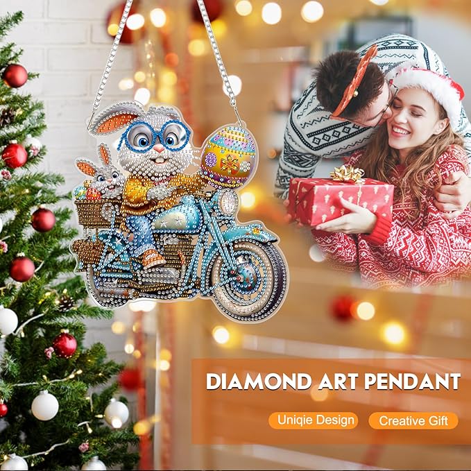 NEWENMO Diamond Art Hanging Kit for Adult, Playful Bunny, DIY Double Sided Acrylic Special Shaped Diamond Art Painting Window Pendant Happy Easter Bunny, Home Garden Wall Hanging Ornament Kits