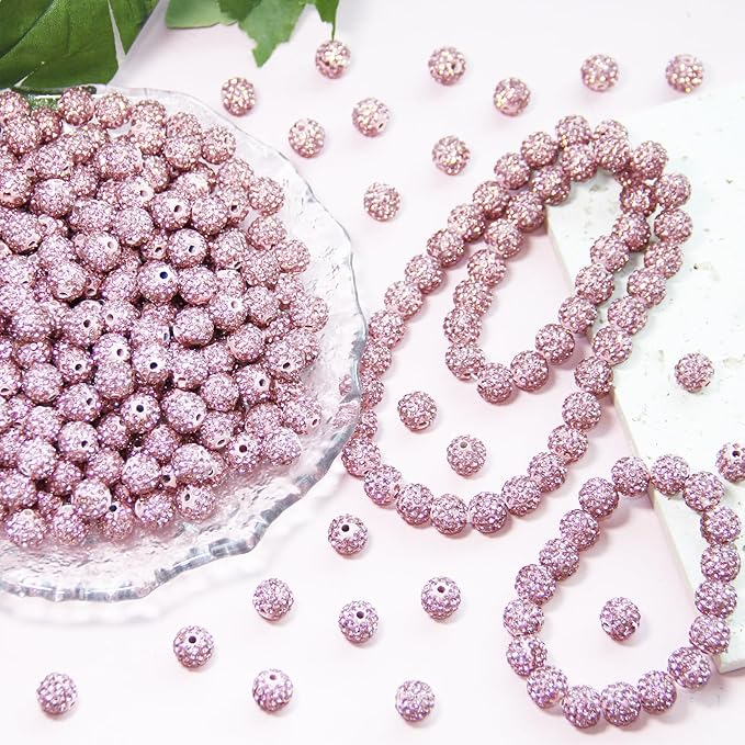 100 Pcs 10mm Rhinestone Beads for Jewelry Making, Pink Shiny Round Shamballa Disco Baseball Necklace Beads Sparkle Crystal Clay Pave Rhinestones Bead for DIY Bracelet Earring Craft Making Supplies