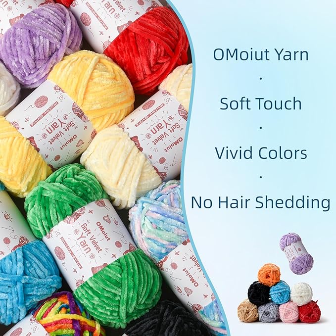 12 Pack Chenille Chunky Yarn - Baby Soft for Crocheting - White, Red, Pink, Yellow, Blue, Rainbow Velvet - Crochet Blanket, Amigurumi Pack With Accessories C