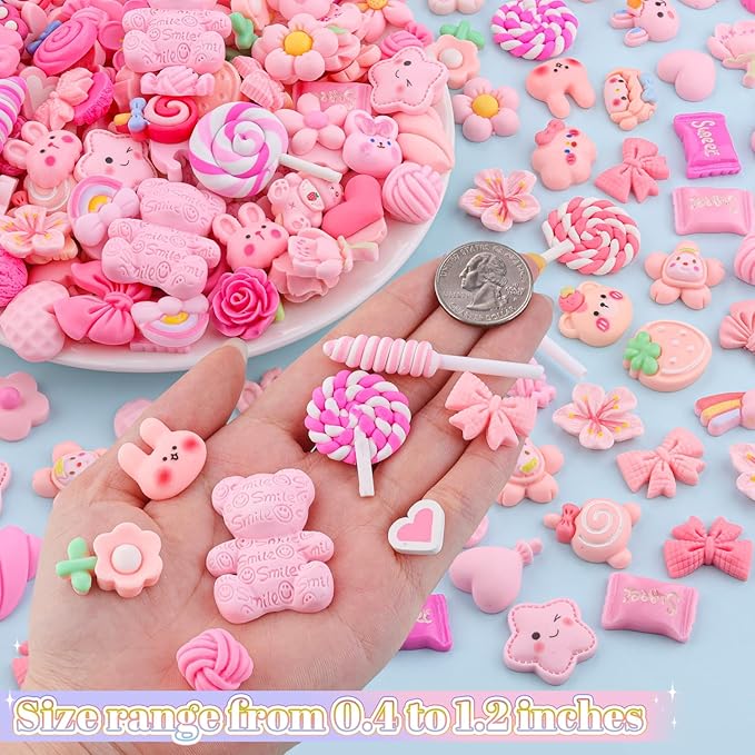 60PCS Pink Slime Charms Cute Flatback Resin Charms for Slime, Random Kawaii Decoden Charm for Embellishments Phone Junk Case Charms Bulk Rainbow Bow Heart Lollipop, Scrapbooking DIY Decor