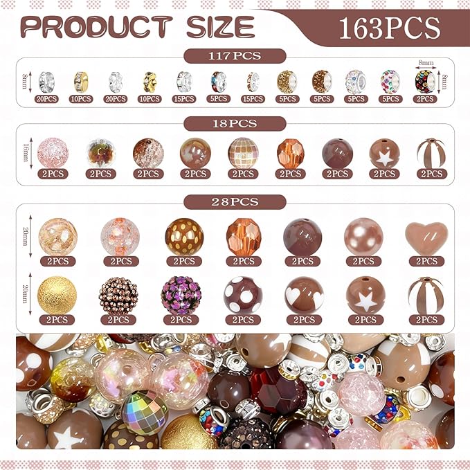 163 Pcs Pen Beads for Beadable Pens: Bubblegum Beads for Pen Making Bulk with Spacer Bead Rhinestone Bead (Brown)