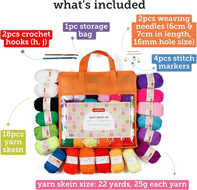 Incraftables 24 Color Yarn Set – Acrylic Yarn Set for Crocheting, Knitting, and DIY Crafts – Beginner Friendly Crochet Yarn Kit for Amigurumi & More – with Accessories & Storage Bag