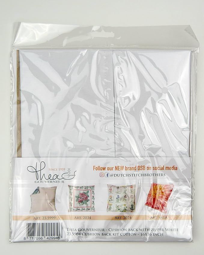 Thea Gouverneur Cushion Back Kit with Zipper - White - for Any 16x16 Inch (40x40cm) Cushion- Cross Stitch Creations - Embroidery - Embroidery Kit for Adults - 23.5904